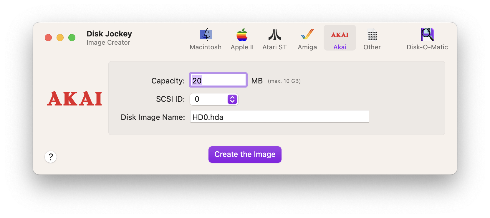 A screenshot of Disk Jockey with the Akai image creator displayed