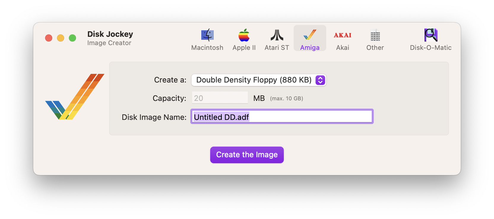 A screenshot of Disk Jockey with the Amiga image creator displayed