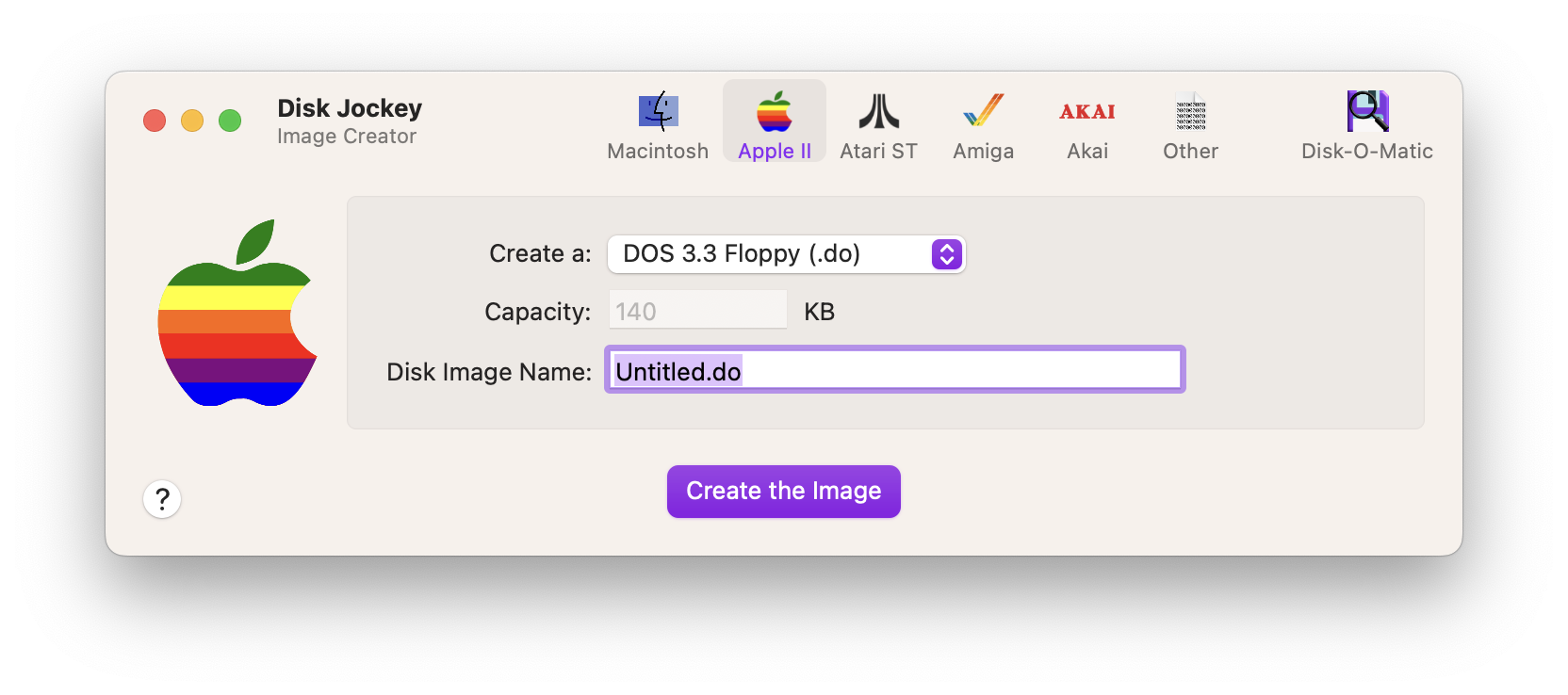 A screenshot of Disk Jockey with the Apple 2 image creator displayed