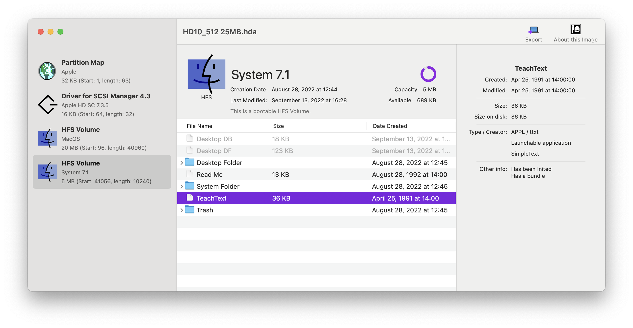 A screenshot of Disk-O-Matic showing the contents of a device image