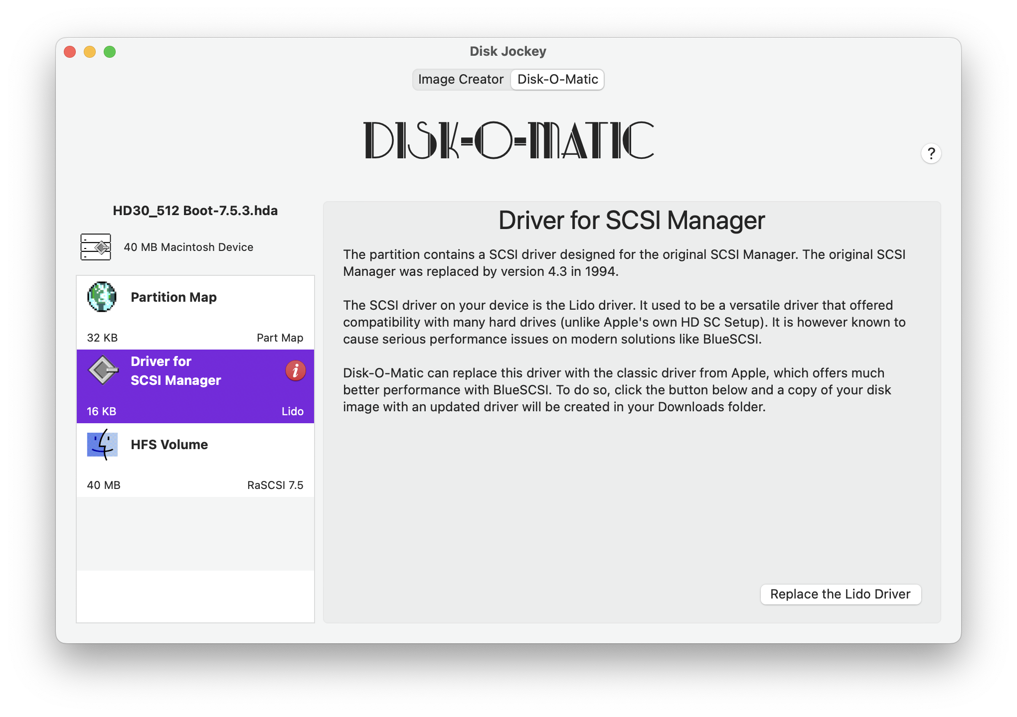 A screenshot of Disk-O-Matic showing a Lido SCSI driver