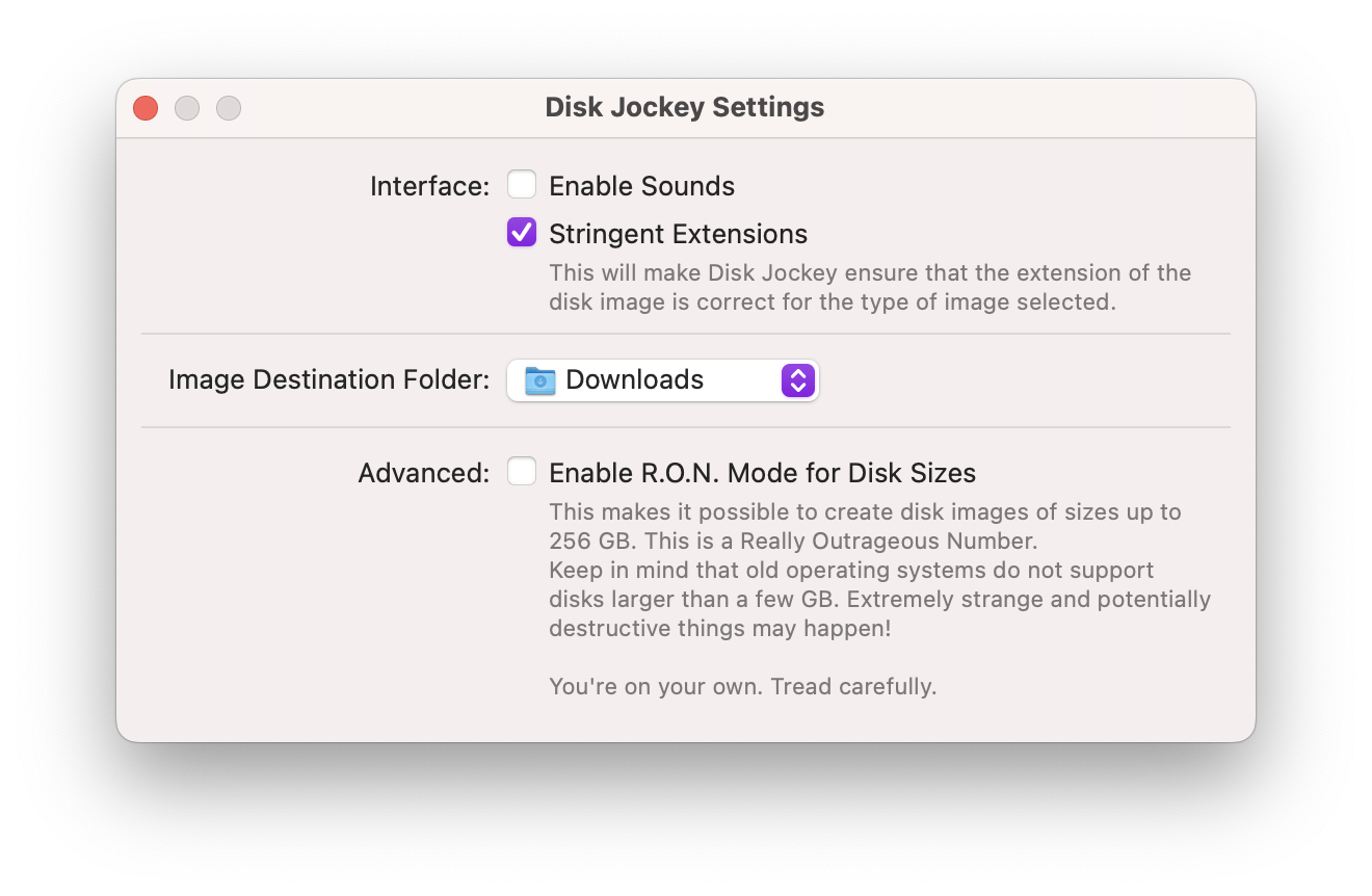 A screenshot of the settings window of Disk Jockey