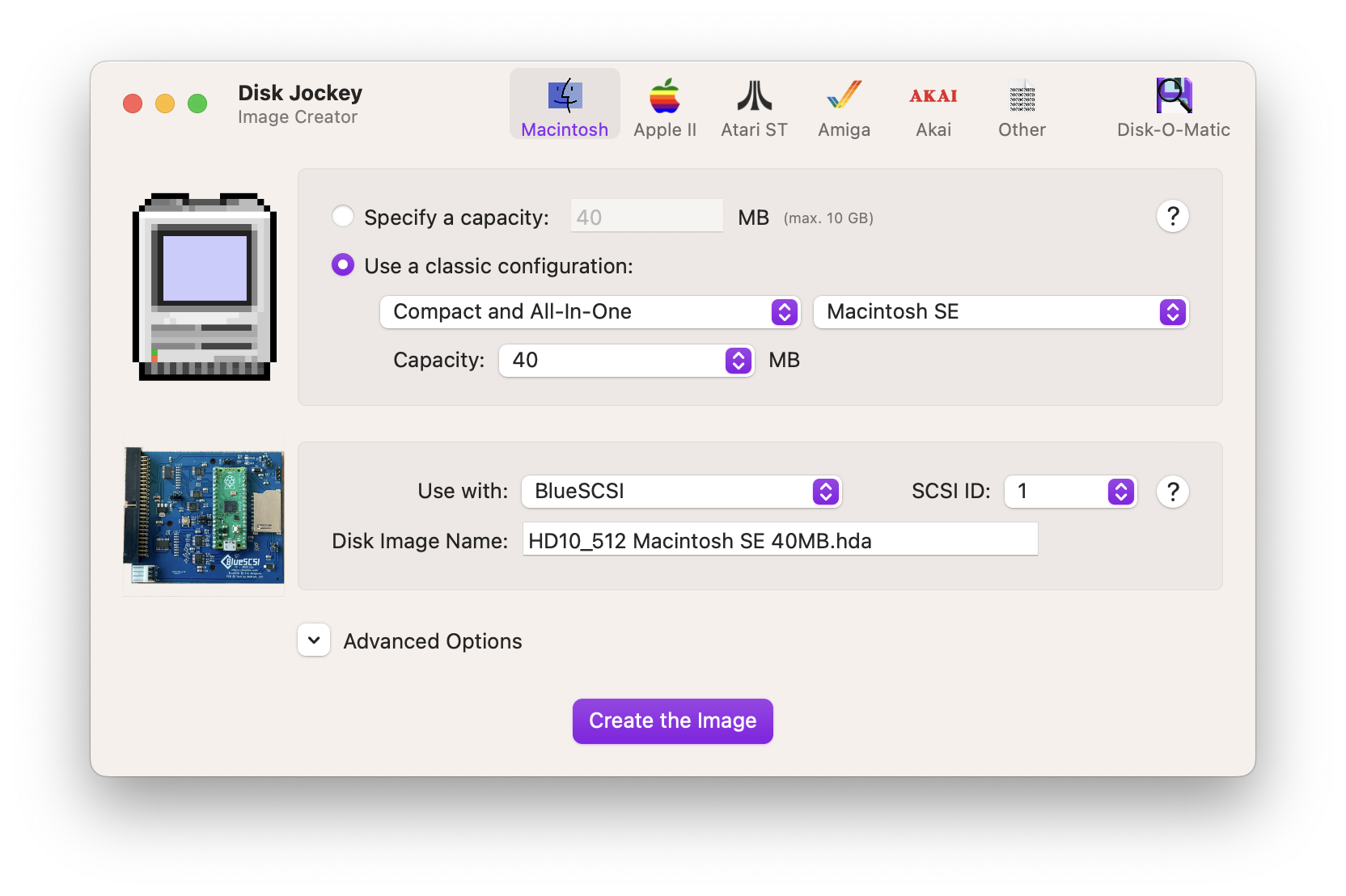 A screenshot of Disk Jockey with SCSI config