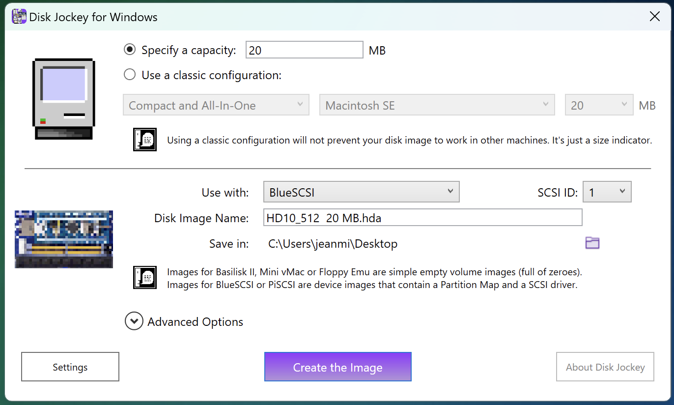 A screenshot of Disk Jockey with SCSI config