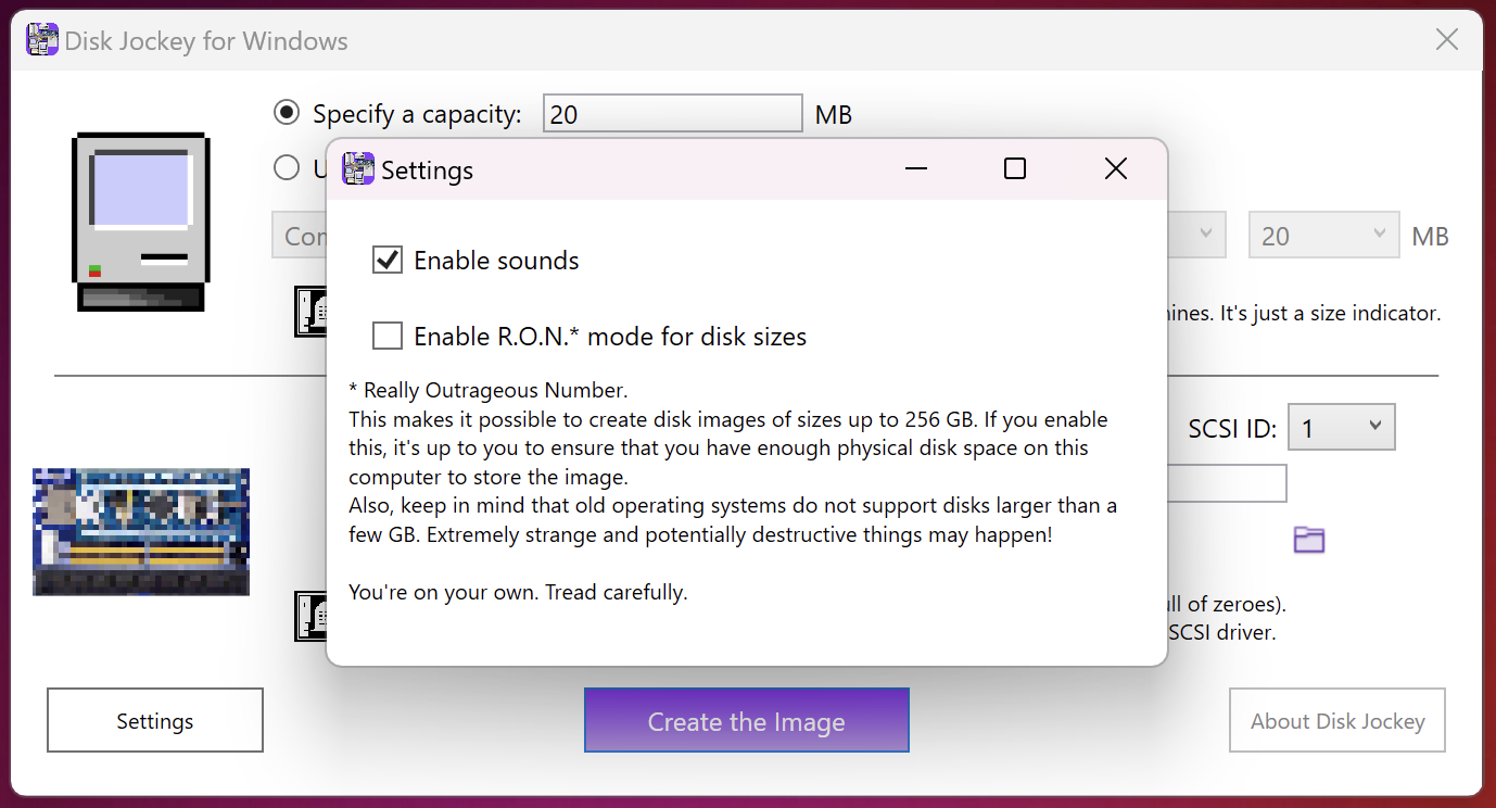 A screenshot of the settings window of Disk Jockey